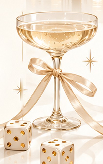 A champagne coupe tied with a ribbon beside two gold dice